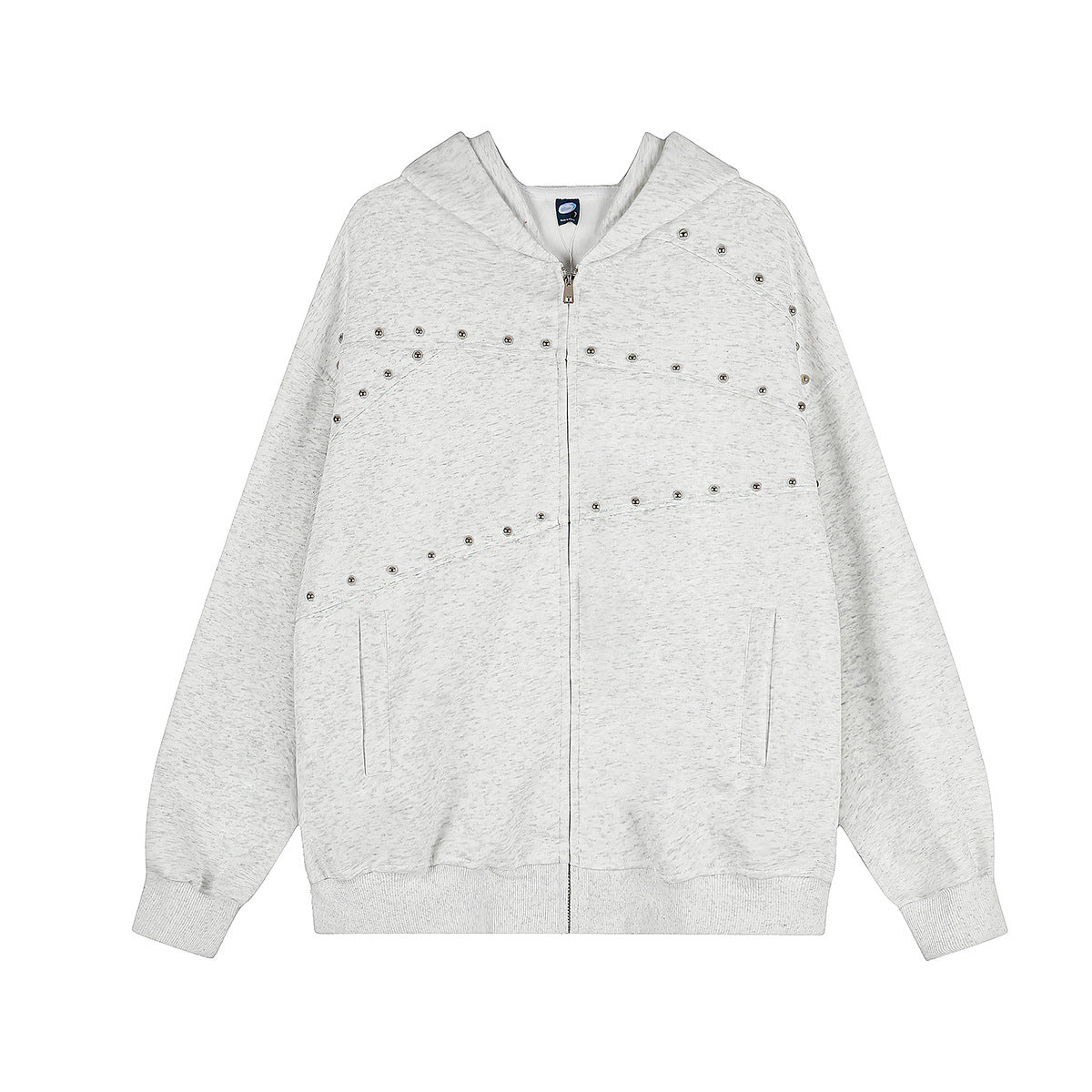 Streetwear-Zip-up-Hoodie mit Nietenpanel – Acid-Wash & Hellgrau meliert
