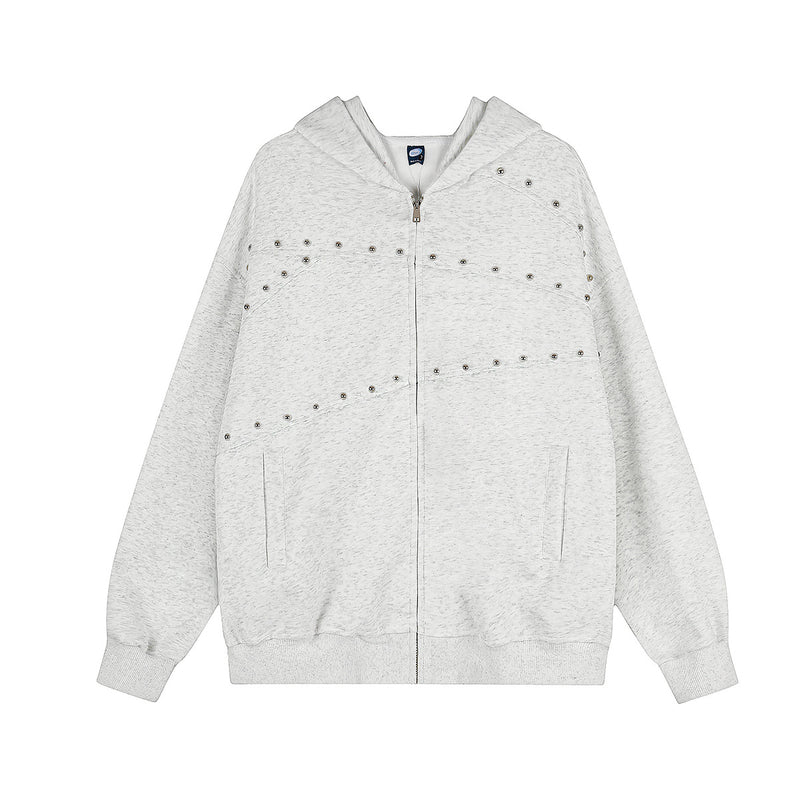 Streetwear-Zip-up-Hoodie mit Nietenpanel – Acid-Wash & Hellgrau meliert