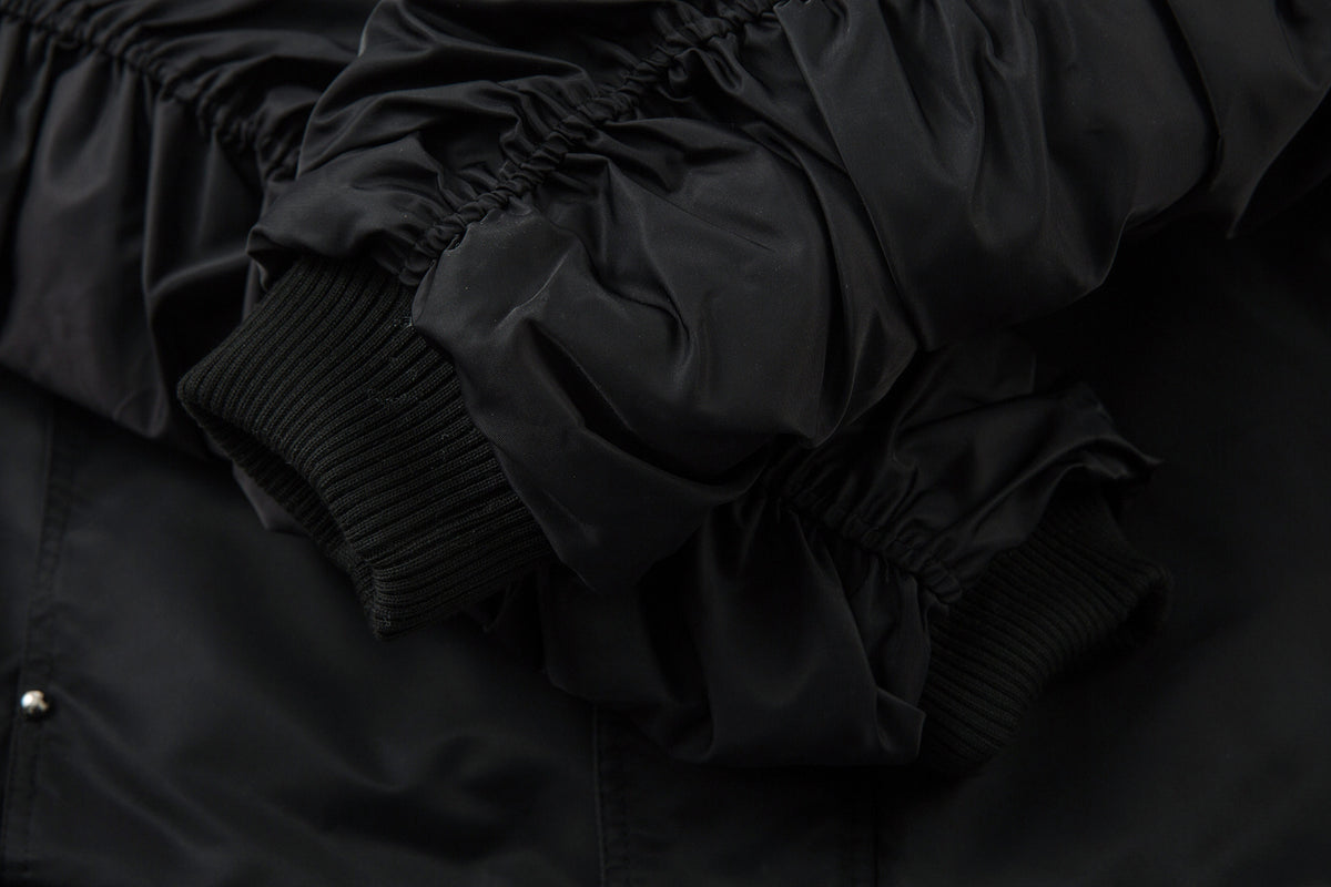 Padded Bomber Jacket with Detachable Faux Fur Hood & Ruched Sleeves in Black