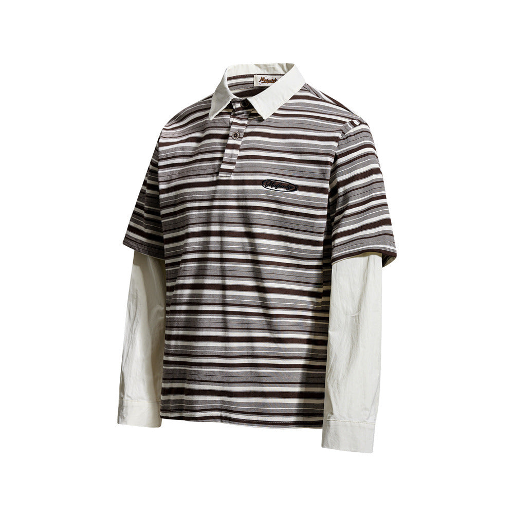 Striped Faux Two-Piece Polo Shirt – Relaxed Fit Long Sleeve with Contrast Woven