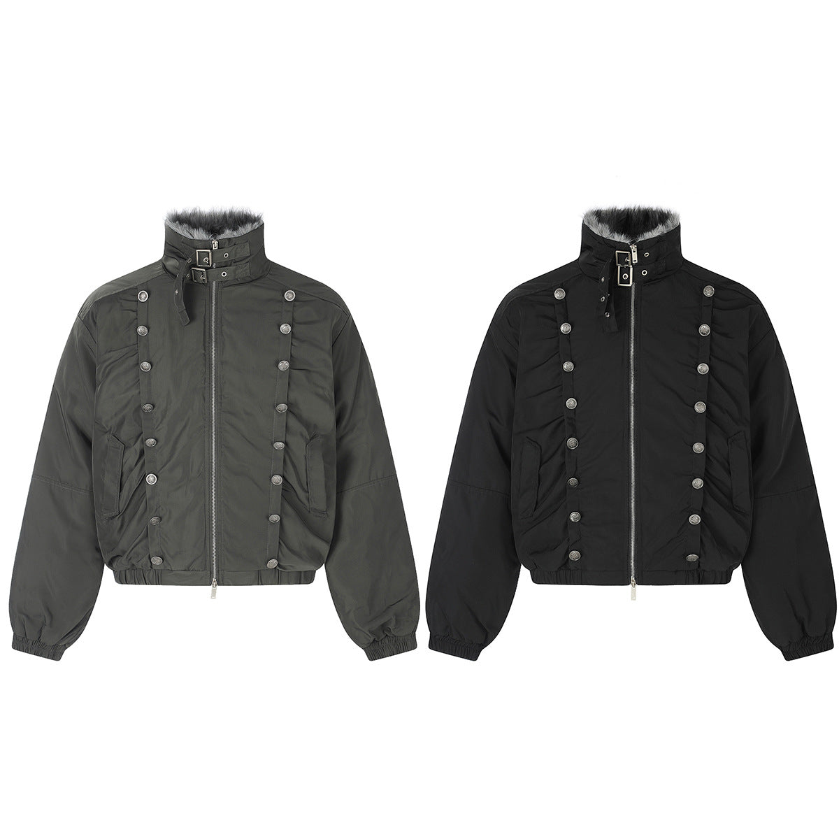 Military Napoleon Button Padded Jacket with Faux Fur Collar