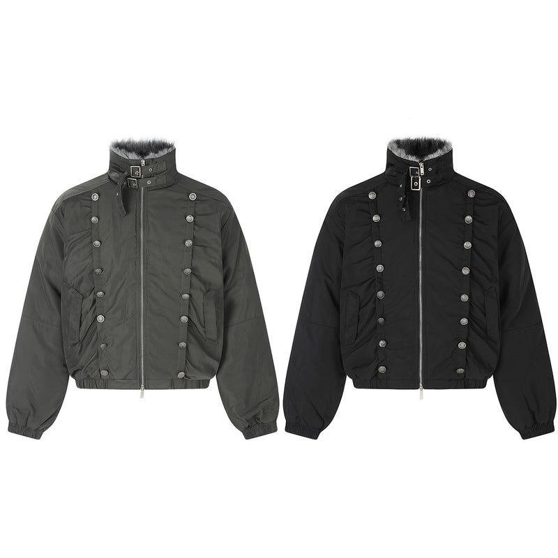 Military Napoleon Button Padded Jacket with Faux Fur Collar