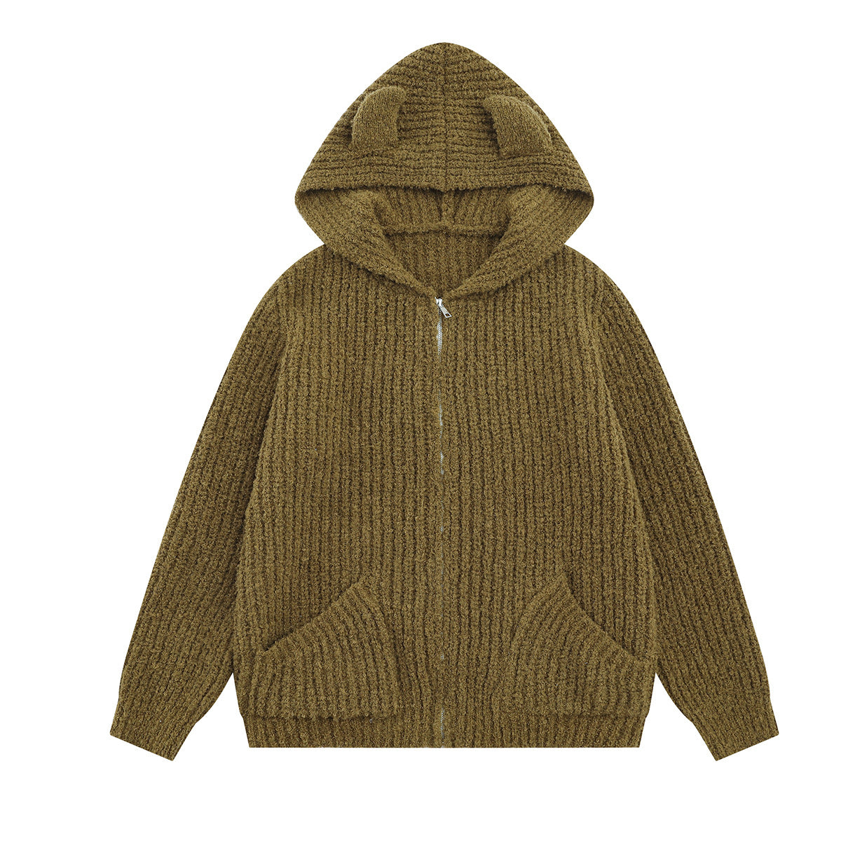 Sweater Zip Up Hoodie Bear Ear Knit Cardigan with Front Pockets