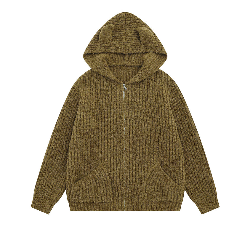 Sweater Zip Up Hoodie Bear Ear Knit Cardigan with Front Pockets