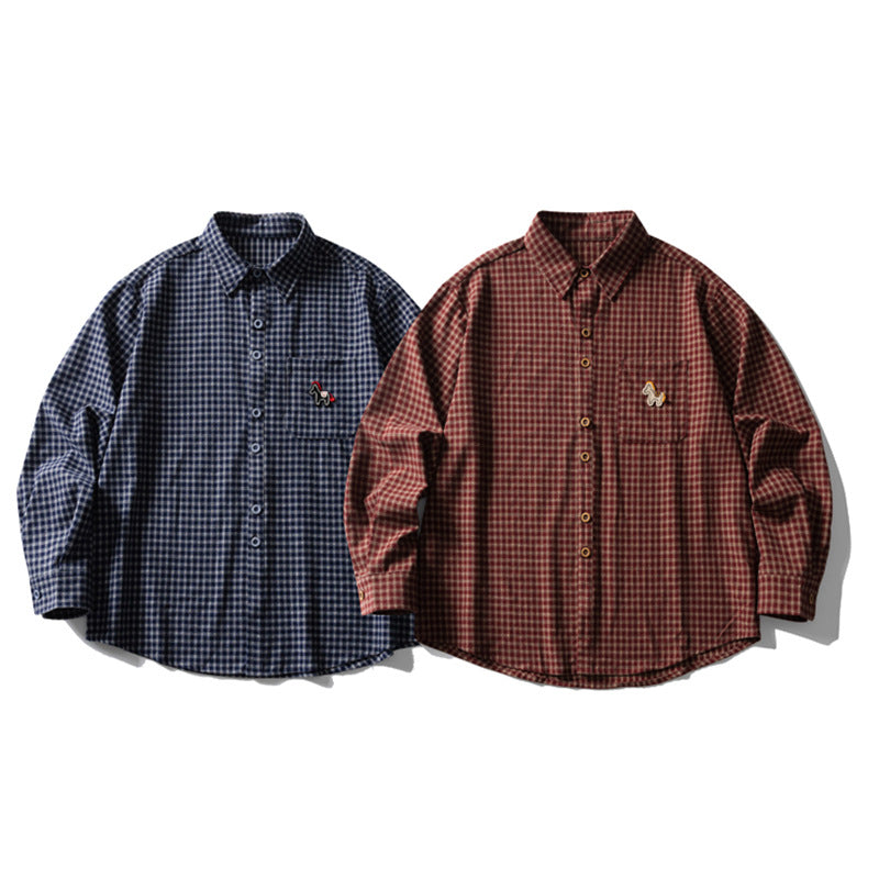Men's Plaid Flannel Oversized Button-Down Shirt with Embroidered Pocket Patch