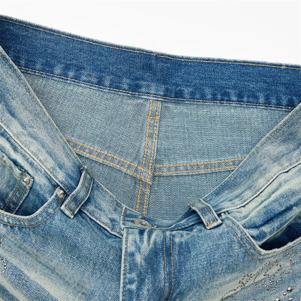 Jean vintage délavé à jambes larges pour homme avec motif cachemire en strass