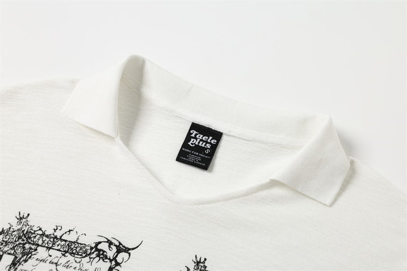 Gothic Angel & Reaper Print Long-Sleeve Polo-Collar Tee