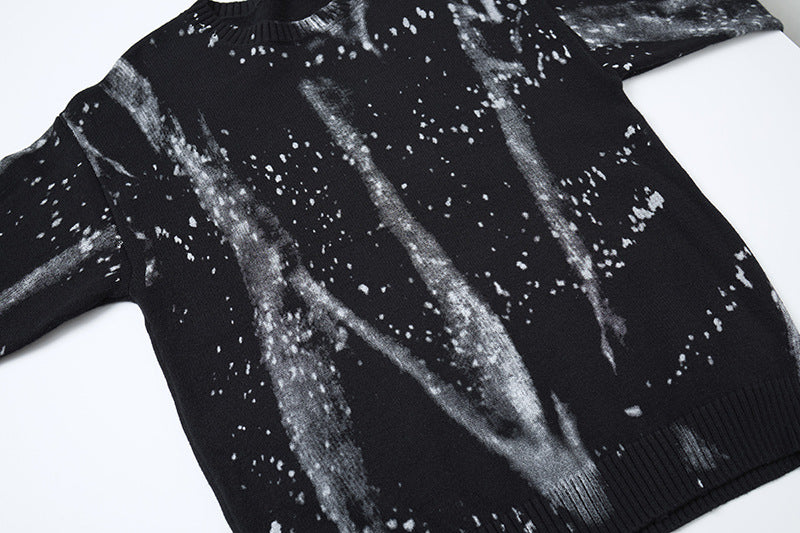 Ink-Wash-Strickpullover mit Farbspritzern und Rundhalsausschnitt – Oversized Streetwear