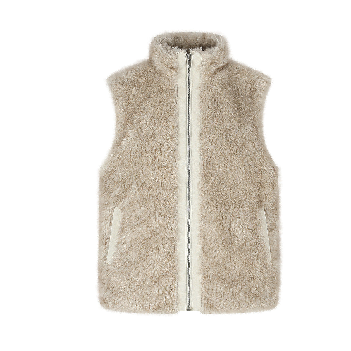 Gilet zippé sans manches en imitation peau lainée à col montant – Polaire teddy