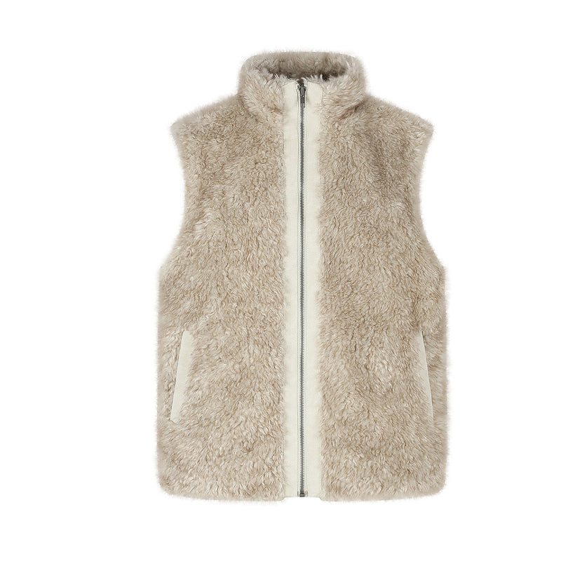 Gilet zippé sans manches en imitation peau lainée à col montant – Polaire teddy