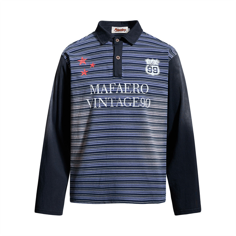 Herren-Poloshirt mit langen Ärmeln in Marineblau, horizontalem Streifenprint, Vintage-Waschung und aufgestickten roten Sternen
