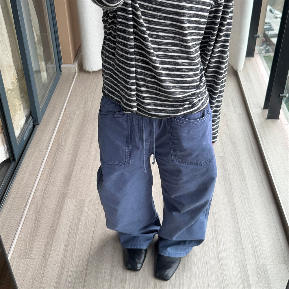 Baggy Wide-Leg Cargo Pants for Men – Vintage Workwear Style with Elastic Waist