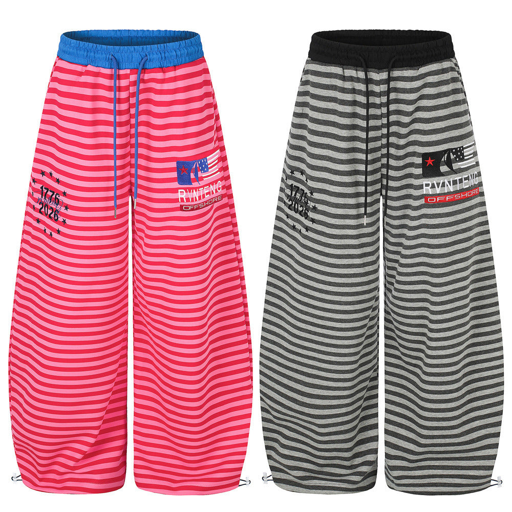 Men's Striped Wide-Leg Sweatpants with Star & Letter Embroidery – American