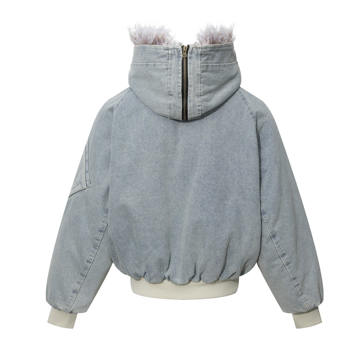 Herren-Bomberjacke aus hellblauem Denim mit Kunstfellkapuze