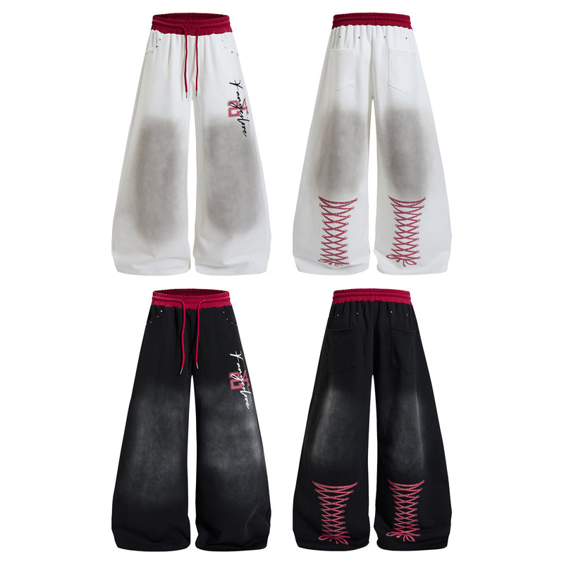 Wide Leg Acid Wash Sweatpants with Contrast Red Waistband & Graphic Print