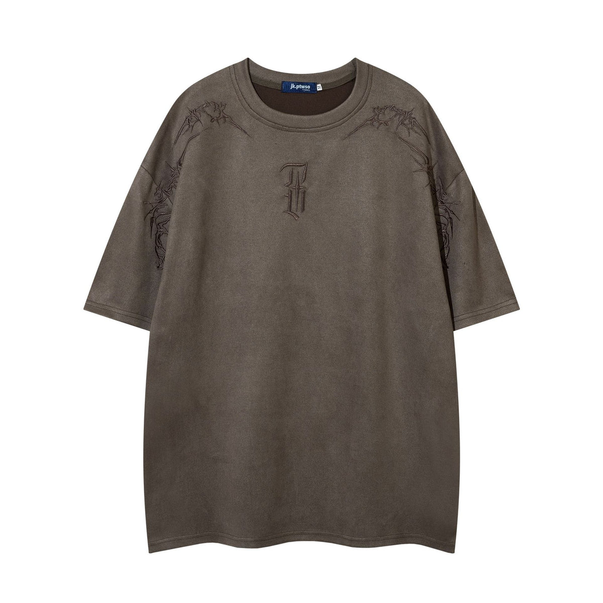 Men's Oversized Suede-Finish Thorn Embroidery Short Sleeve T-Shirt