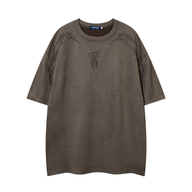 Men's Oversized Suede-Finish Thorn Embroidery Short Sleeve T-Shirt