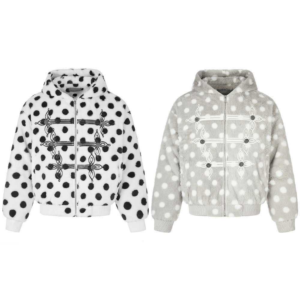 Polka Dot Faux Mink Hooded Zip Jacket – Oversized Streetwear Coat with Ornate