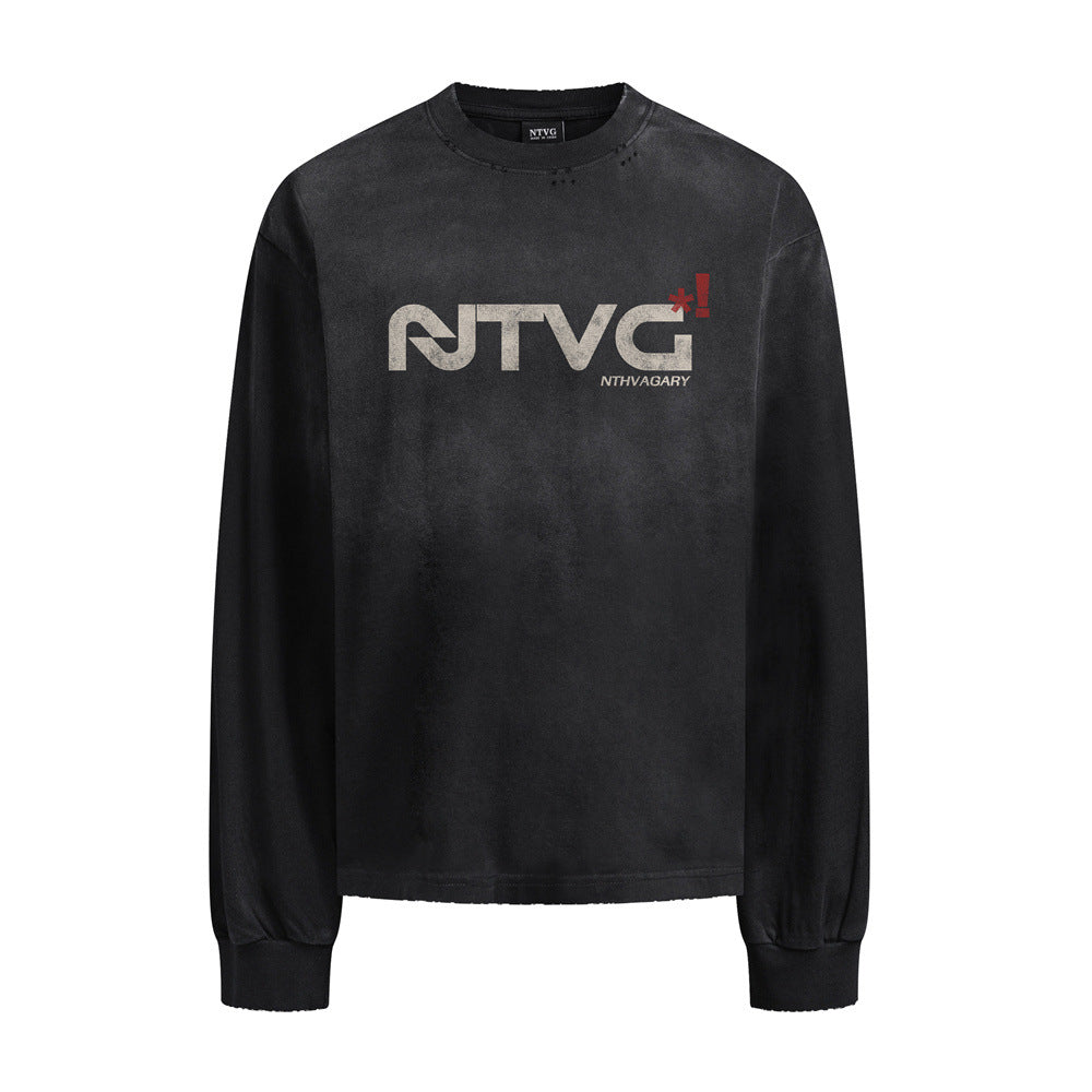 NTVG Acid Wash Long Sleeve Graphic T-Shirt – Distressed Logo Crew Neck