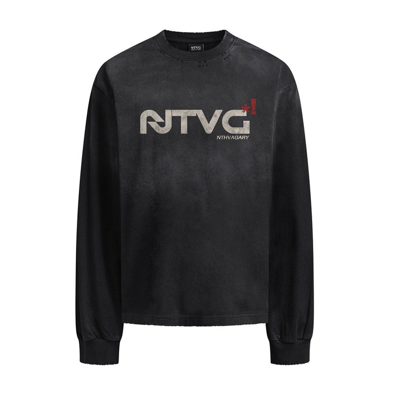 NTVG Acid Wash Long Sleeve Graphic T-Shirt – Distressed Logo Crew Neck
