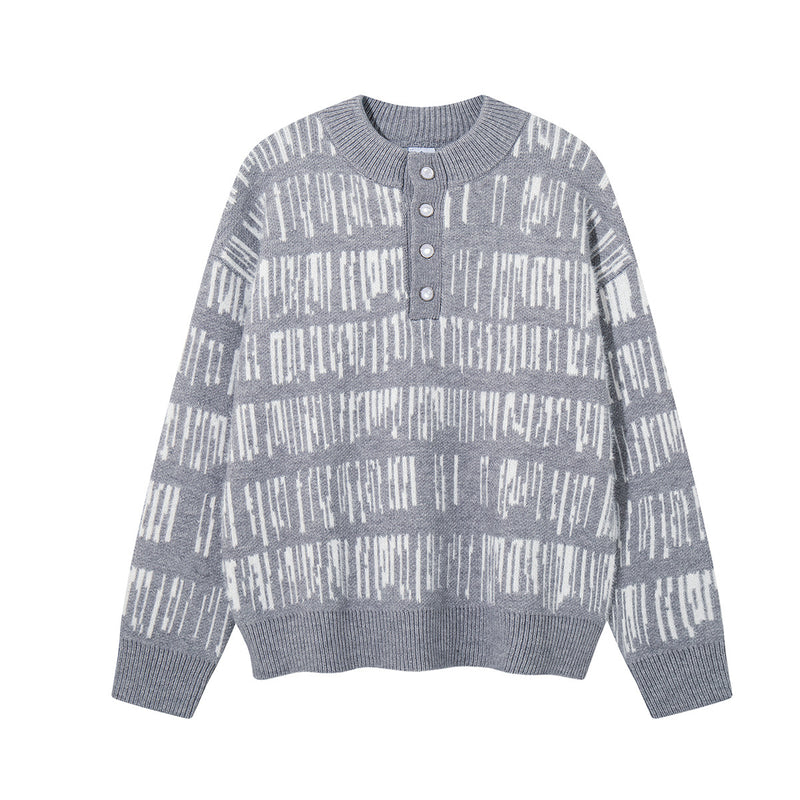 Abstract Stripe Jacquard Knit Sweater – Henley Neck, Oversized Fit
