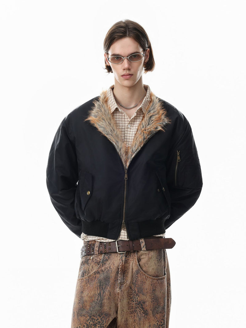 Faux Fur Collar Bomber Jacket with Quilted Lining