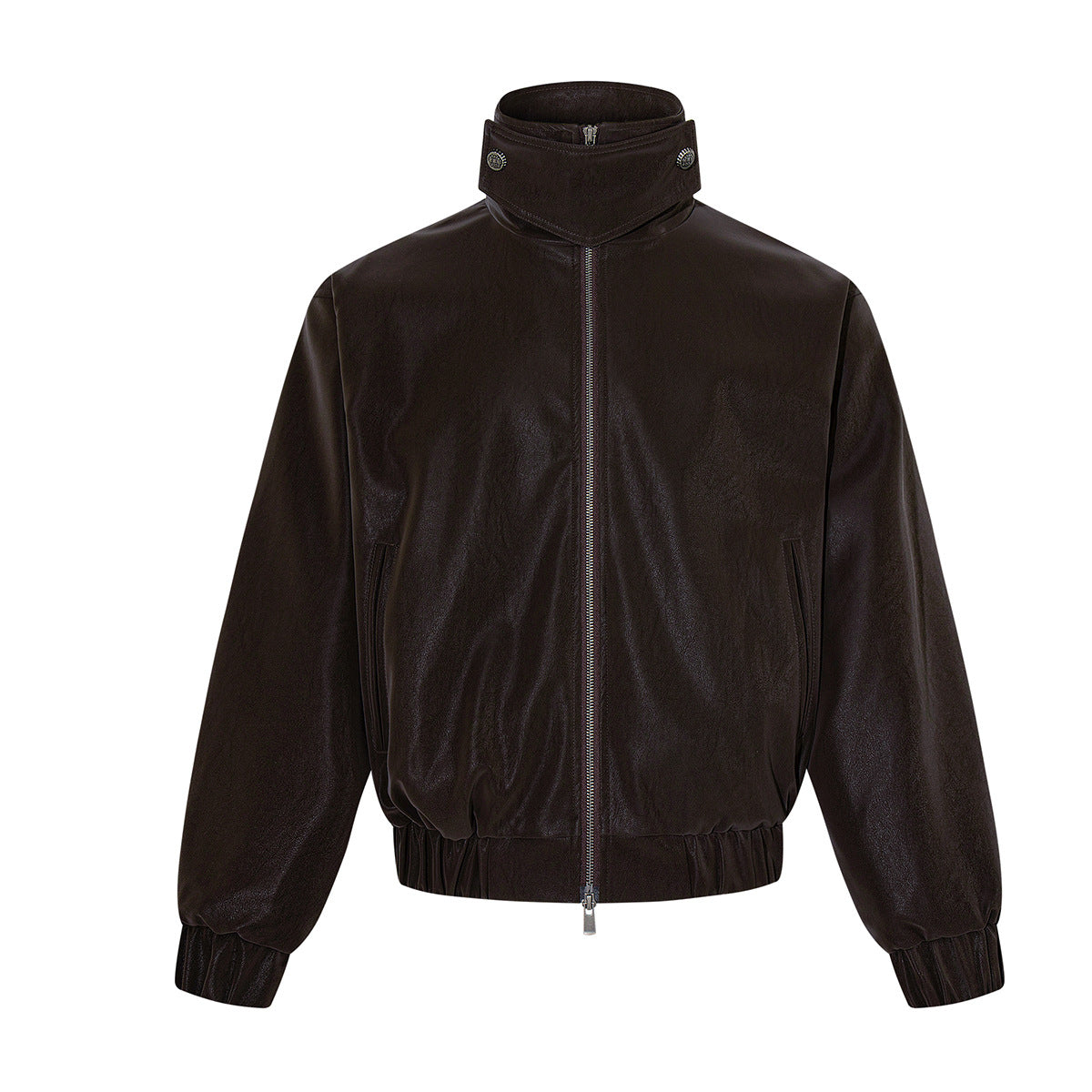 Oversized Black Leather Jacket Faux PU Bomber with High Collar