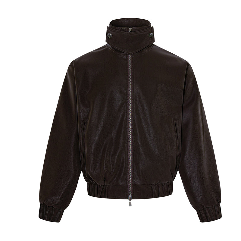Oversized Black Leather Jacket Faux PU Bomber with High Collar