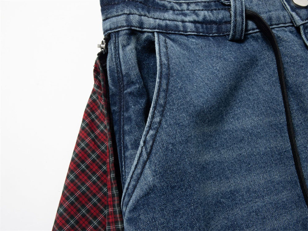 Wide-Leg Baggy Jeans with Detachable Plaid Skirt Overlay — Men's Punk Street