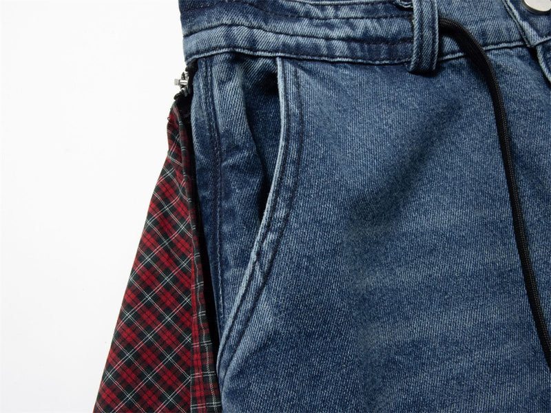 Wide-Leg Baggy Jeans with Detachable Plaid Skirt Overlay — Men's Punk Street