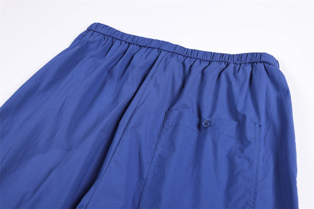 Wide-Leg Relaxed Fit Pants – Elastic Drawstring Waist, Button Placket, Solid