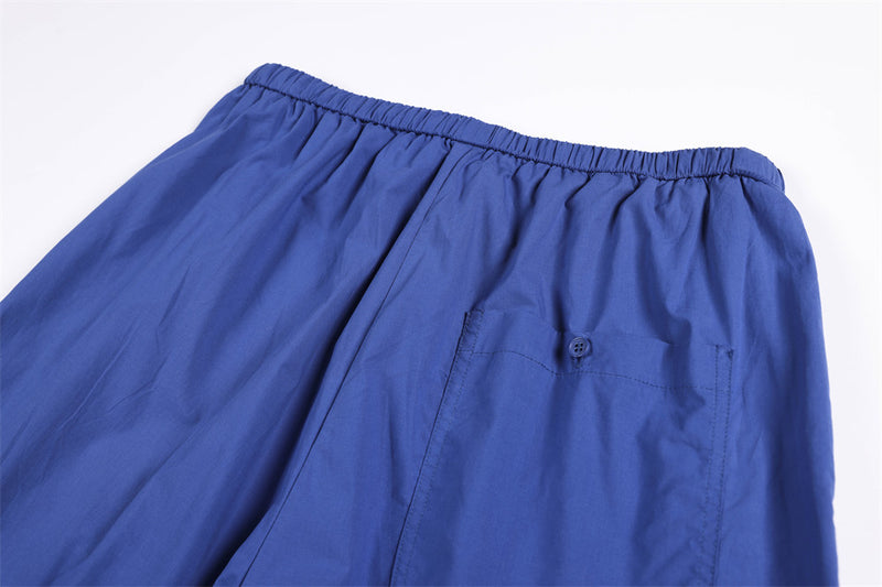 Wide-Leg Relaxed Fit Pants – Elastic Drawstring Waist, Button Placket, Solid