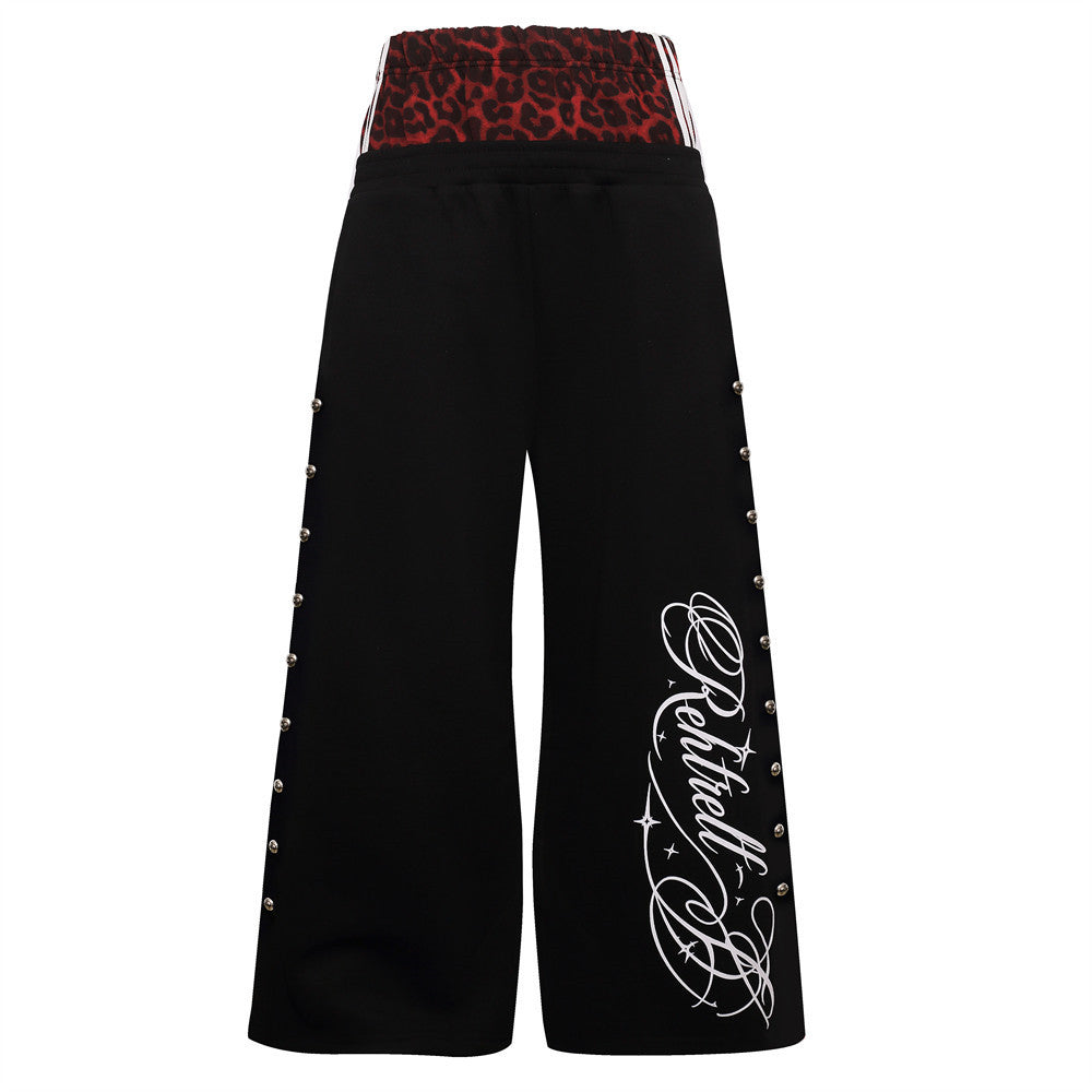 Wide-Leg Sweatpants with Leopard Print Double Waistband & Side Studs