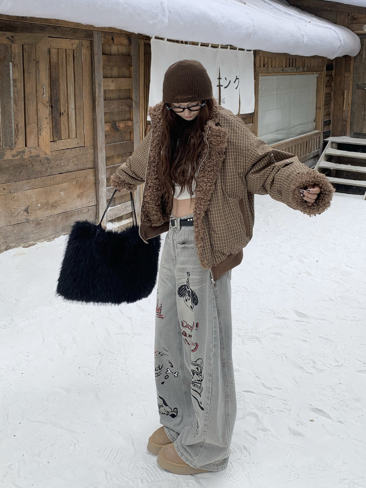 Reversible plaid and faux sherpa bomber jacket in brown, shown both sides with vintage 1988 embroidery