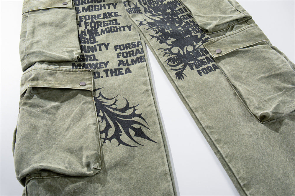 Wide-Leg Cargo Pants with Tribal Graphic & Letter Print – Acid Wash Army Green