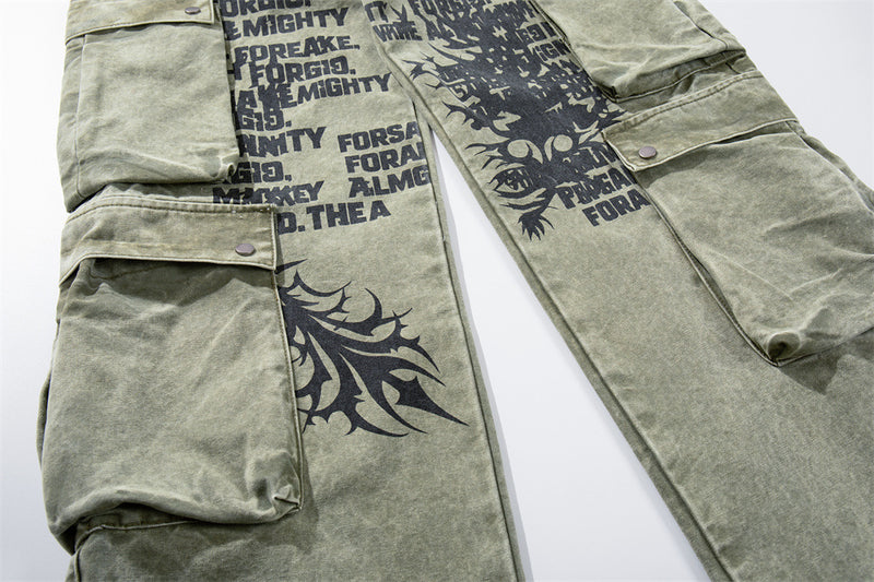 Wide-Leg Cargo Pants with Tribal Graphic & Letter Print – Acid Wash Army Green
