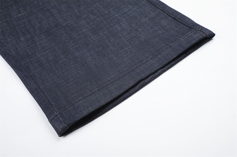Wide-Leg Jeans with Irregular Spliced Waistband and Double Pleats
