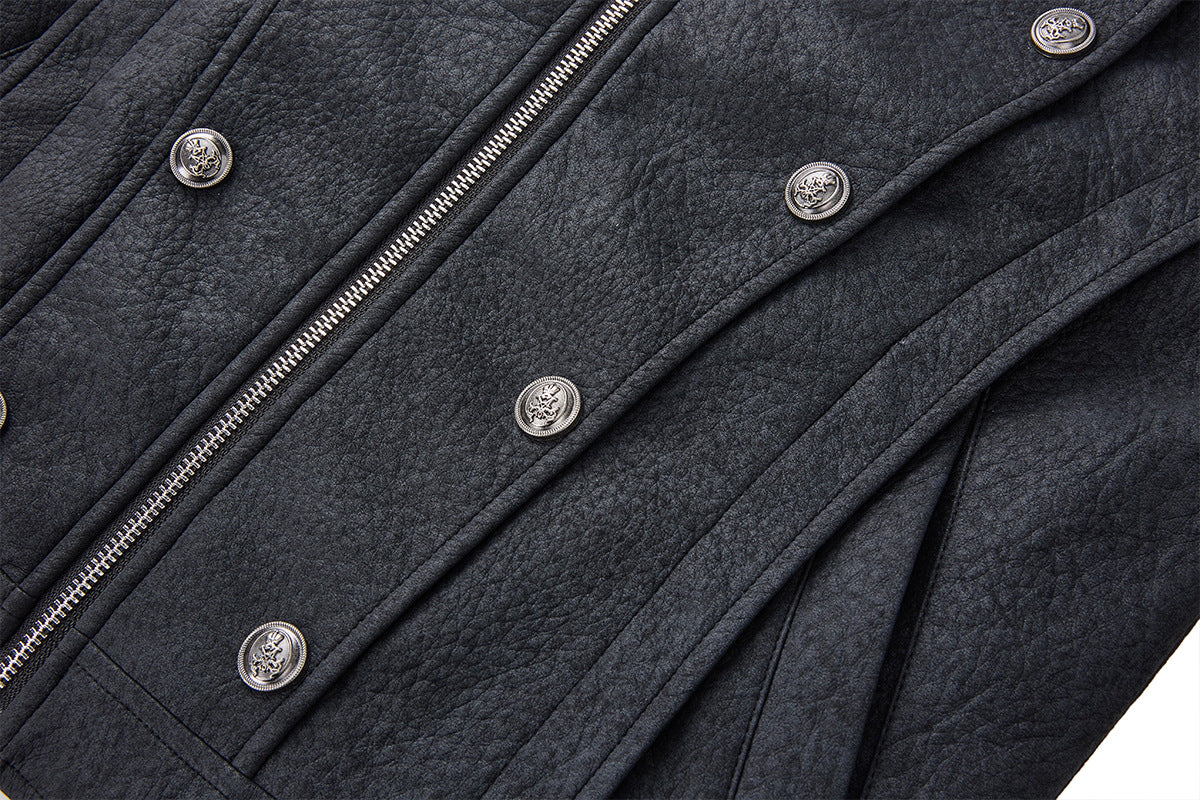 Military-Style Faux Leather Jacket with Double-Breasted Buttons & Zip Front