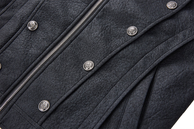 Military-Style Faux Leather Jacket with Double-Breasted Buttons & Zip Front