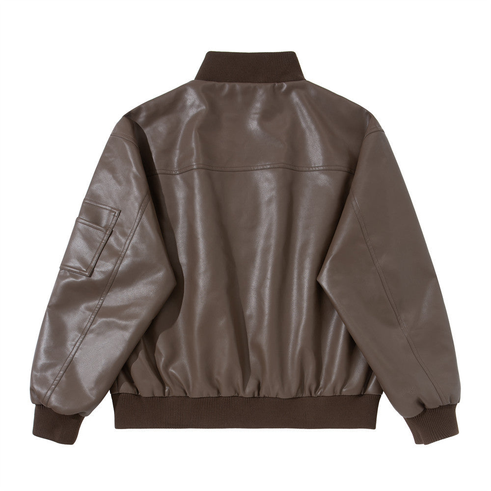 Men's Stand Collar PU Leather Bomber Jacket – Oversized Flight Jacket