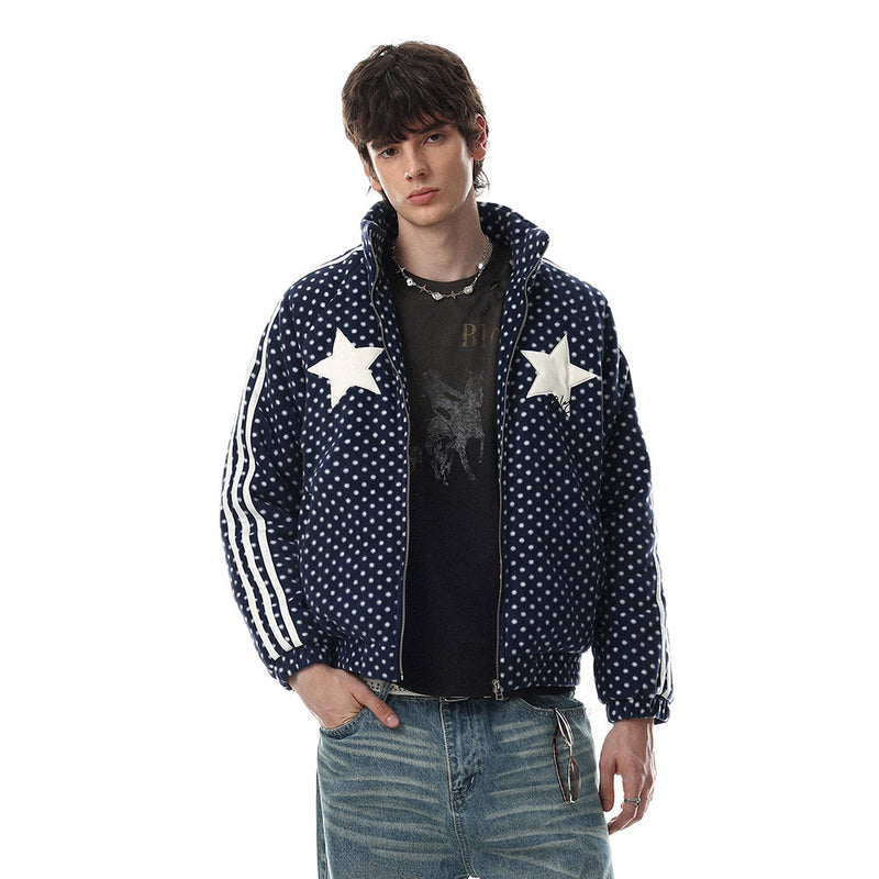 Padded Jacket for Men – Navy Polka Dot Star Patch Track Jacket with Stripe