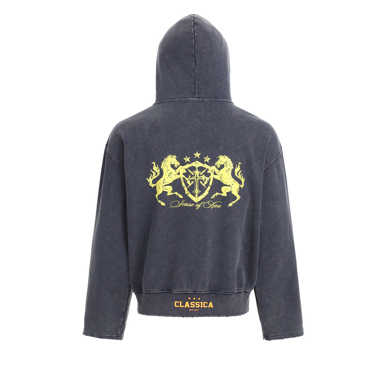 Zip-Up Cropped Hoodie Acid Wash Heraldic Crest Streetwear