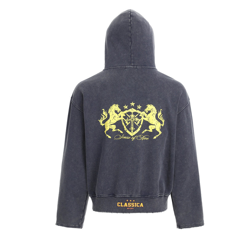 Zip-Up Cropped Hoodie Acid Wash Heraldic Crest Streetwear