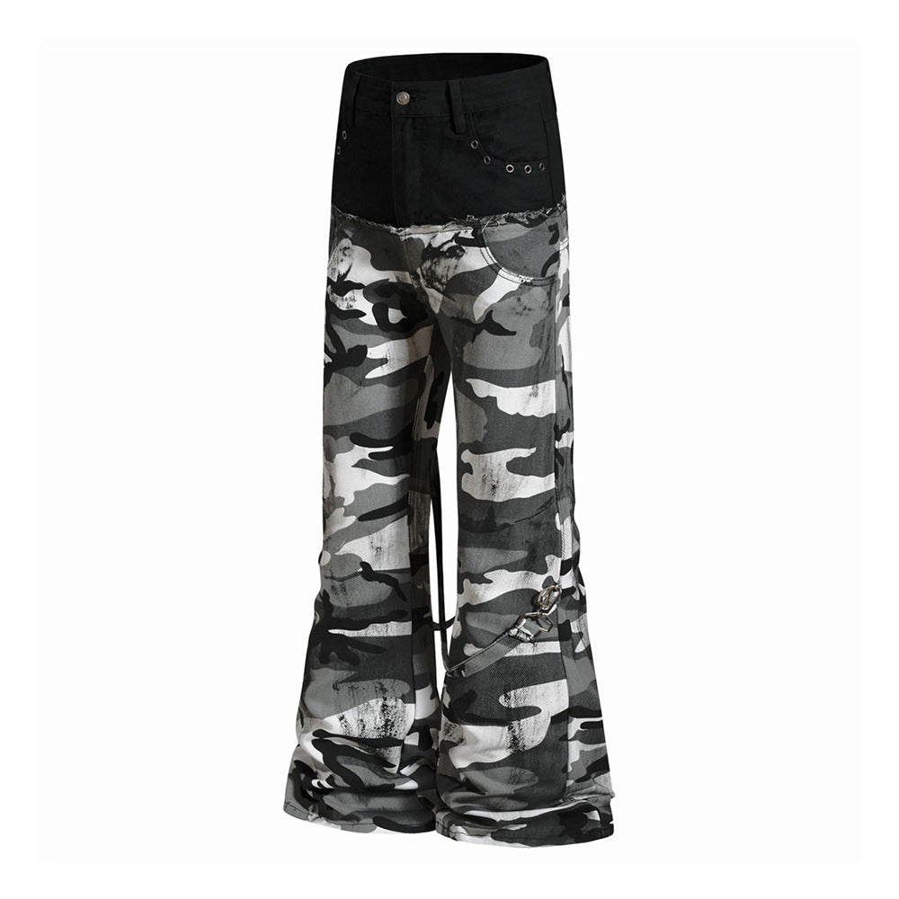 Men's Bell Bottom Pants – Colorblock Camo Punk Flare Trousers with Strap Detail