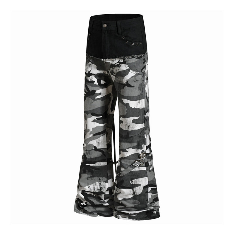 Men's Bell Bottom Pants – Colorblock Camo Punk Flare Trousers with Strap Detail