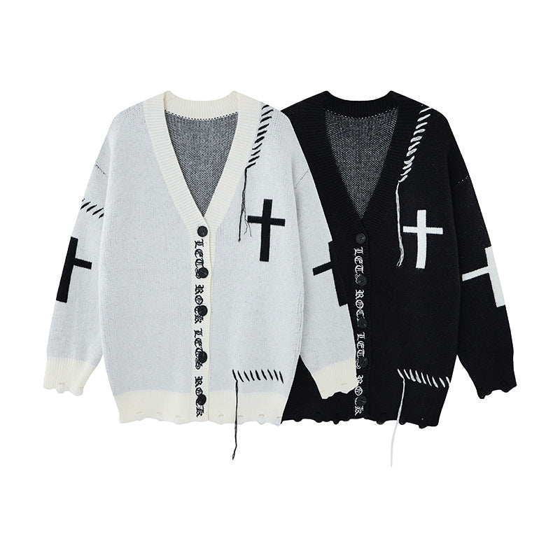 Gilet en maille à motif croisé et lettres gothiques – Pull destroy pour homme