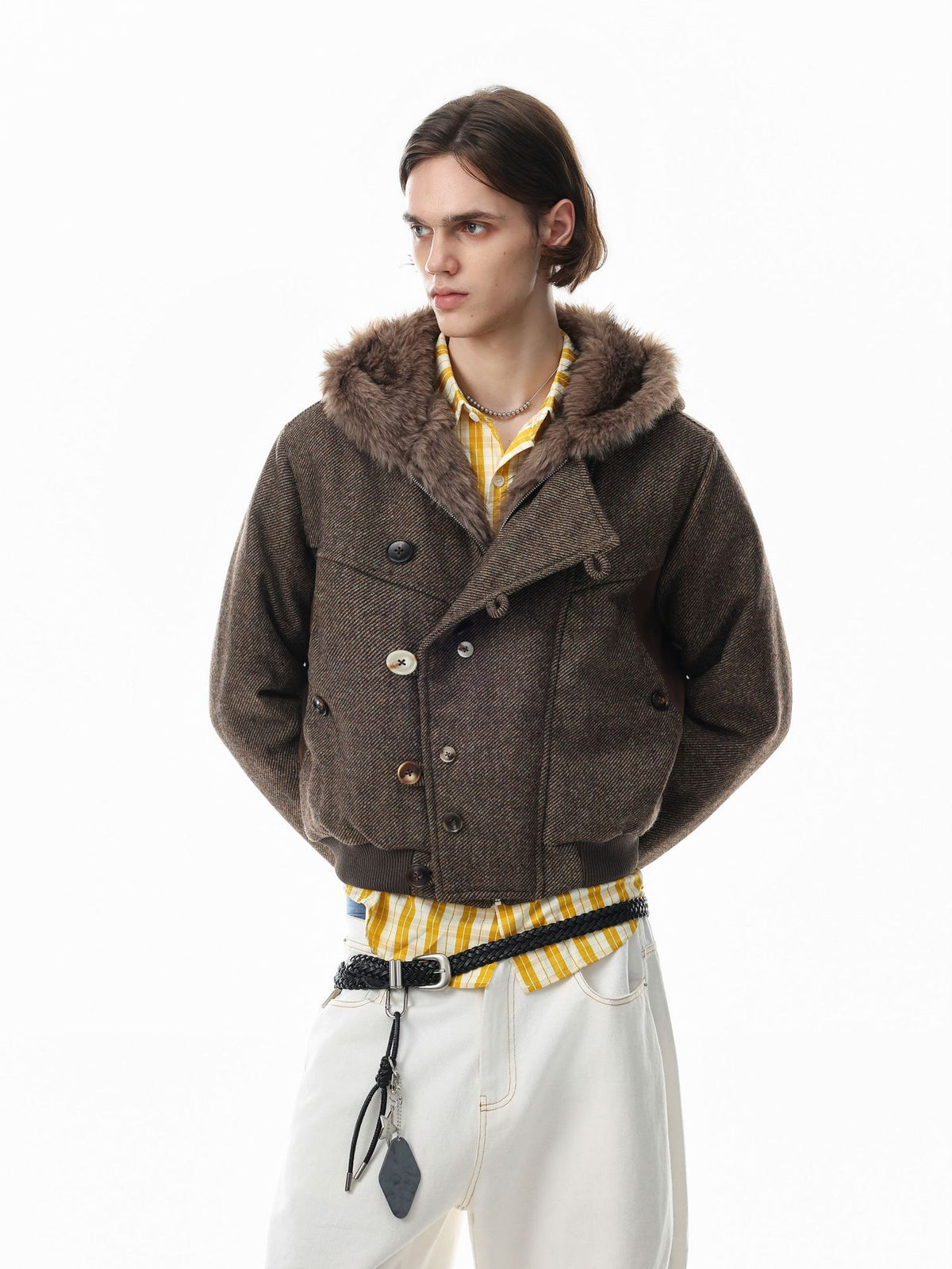 Men's cropped hooded bomber jacket in brown tweed-style wool blend with faux fur hood trim and double-button front closure