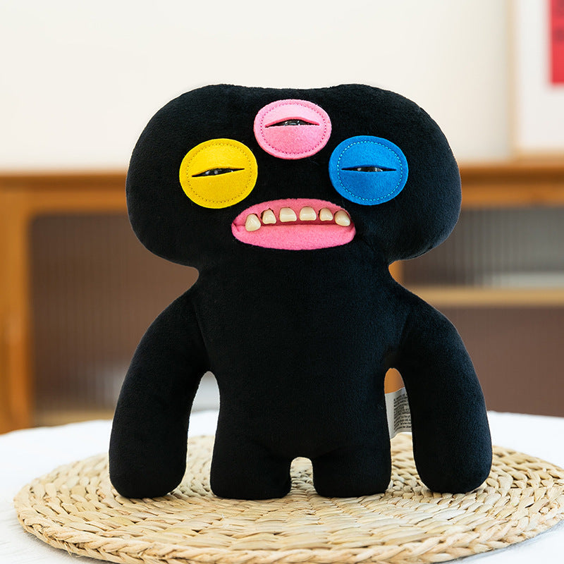 Peluche monstre à trois yeux noire de 22 cm – Créature aux yeux colorés, jouet doux