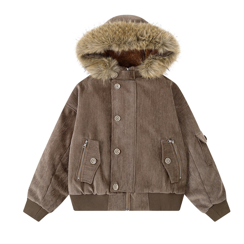 Fur-Trim Hooded Bomber Jacket – Padded Velvet Cotton Vintage American Style