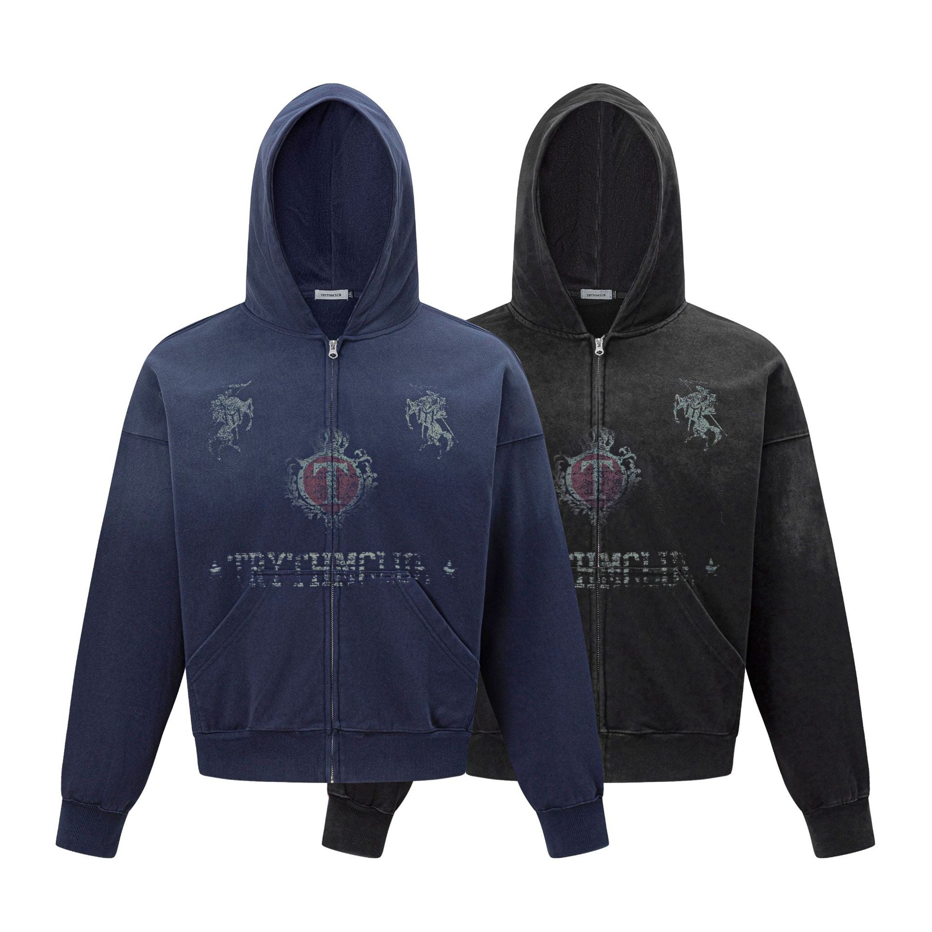 Sweat à capuche zippé avec motif chevalier vintage – Streetwear oversize délavé